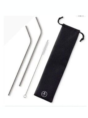 New In Package PAMPERED CHEF Set Of 2 METAL STRAWS 100092 Nylon Bag W/brush